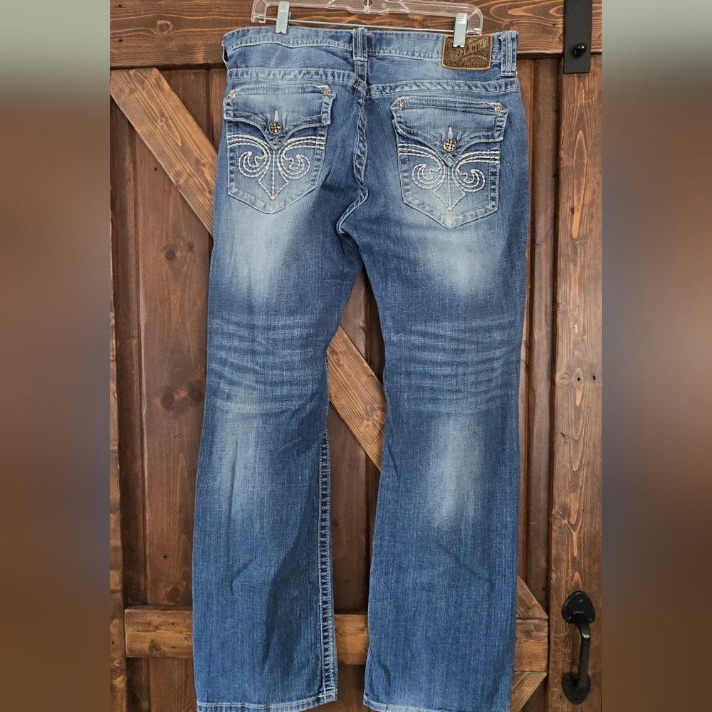 Affliction Men's Cooper Blue Embroidered Fluer Flap Button Pocket Jeans 34x32